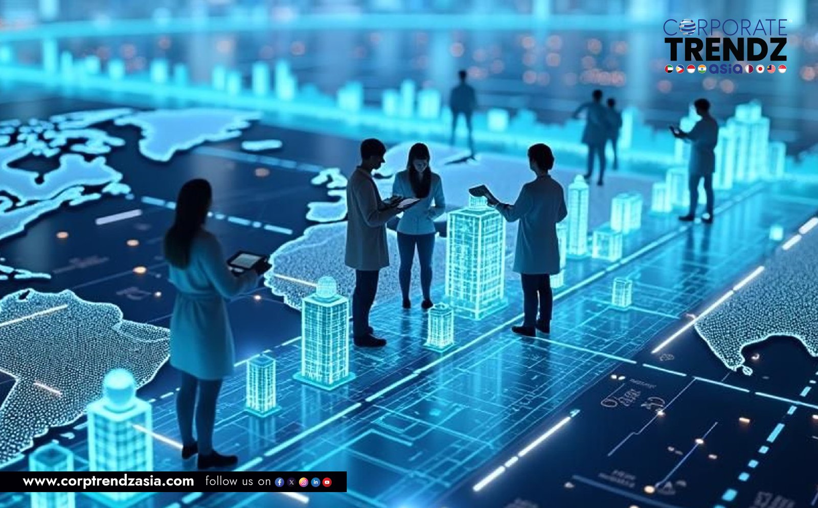 A futuristic, abstract image showing interconnected digital nodes, representing how tech leaders use AI and emerging technologies to drive innovation.