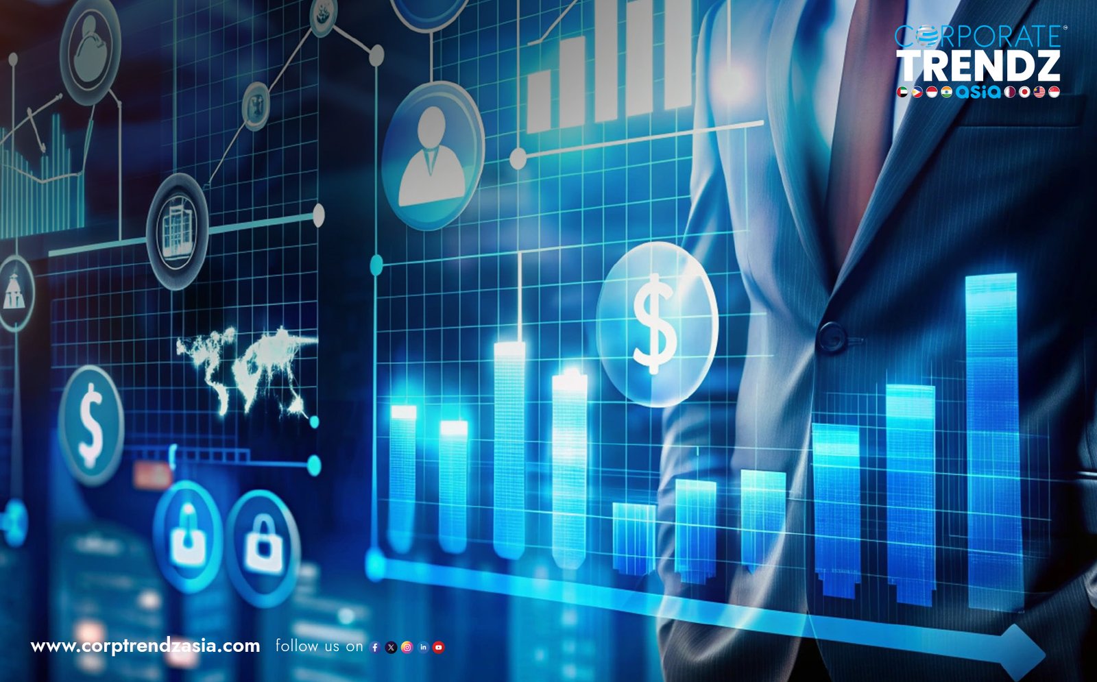 A modern CFO analyzing a futuristic data dashboard, symbolizing the technology transforming the future role of CFOs.