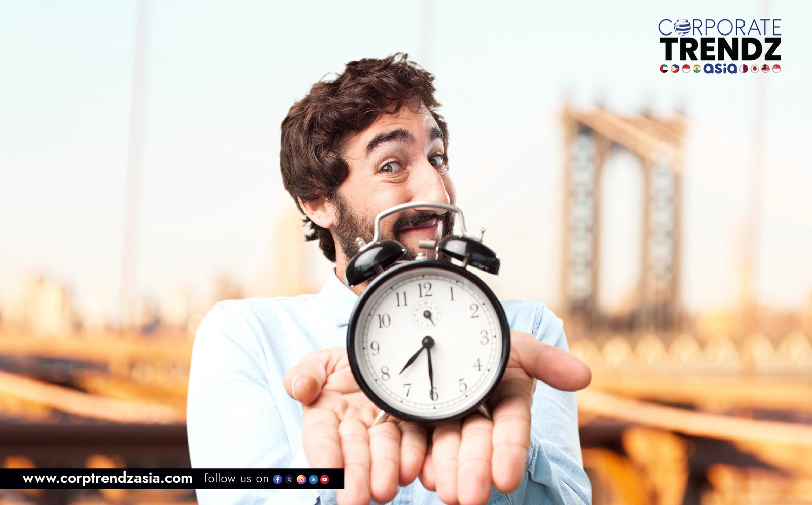 A clock symbolizing time management, alongside icons representing leadership and efficiency for top CEOs.