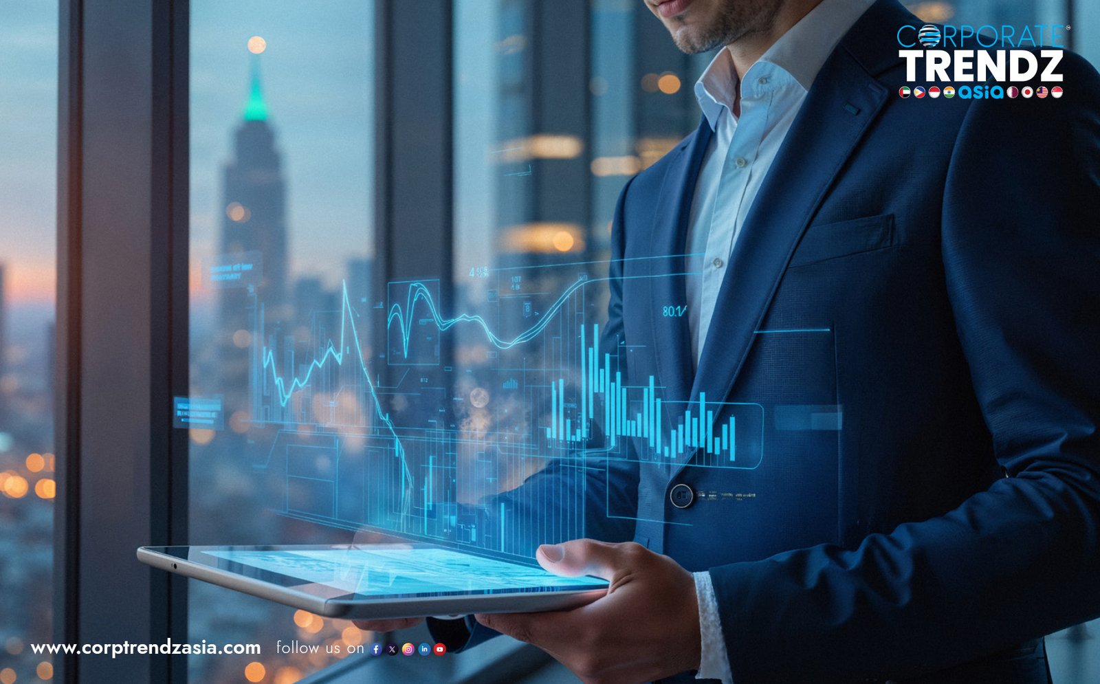 A modern CFO analyzing financial data on a screen, symbolizing strategic planning and risk management.