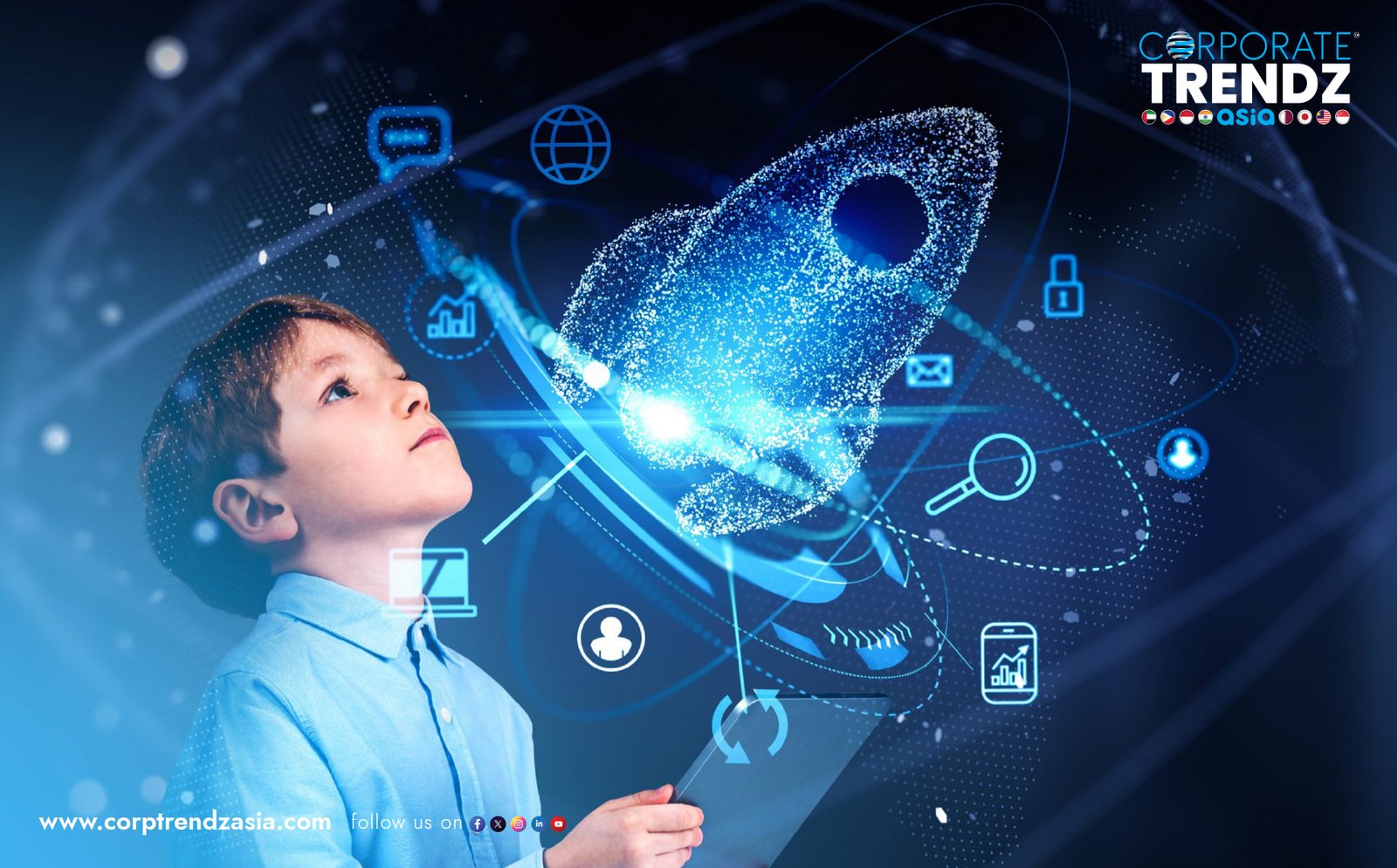 An Estonian classroom where students are using laptops and tablets, with AI-powered chatbot icons, symbolizing the 'AI Leap' initiative.